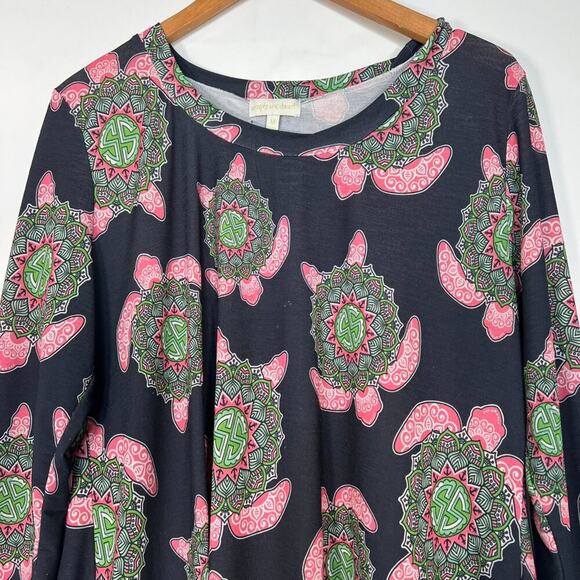 Simply Southern Sea Turtle Boho Tunic Top Navy Green Pink - Picture 2 of 7
